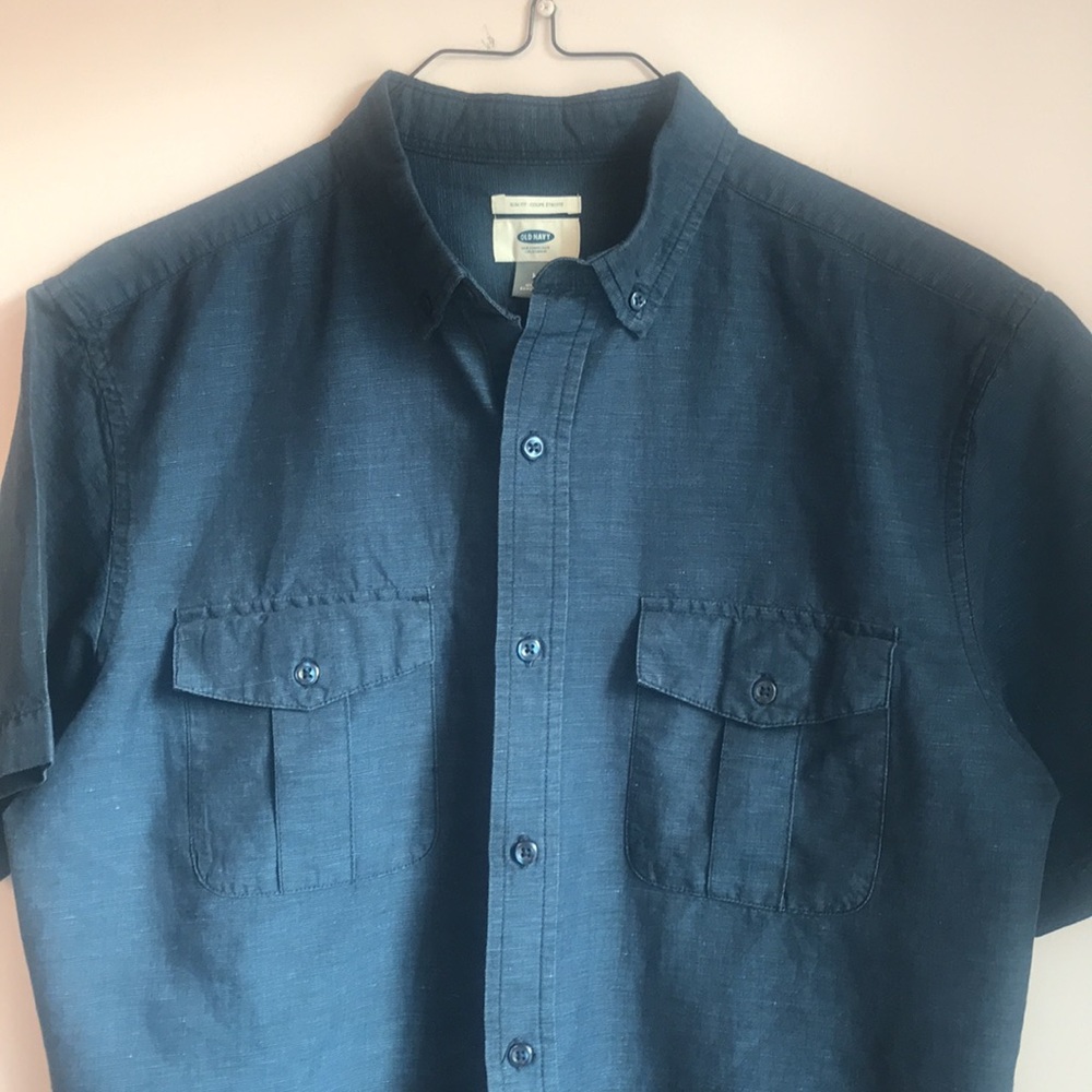 Old Navy Men’s Slim Fit Indigo Blue Button Down Short Sleeve Shirt. - Picture 7 of 10